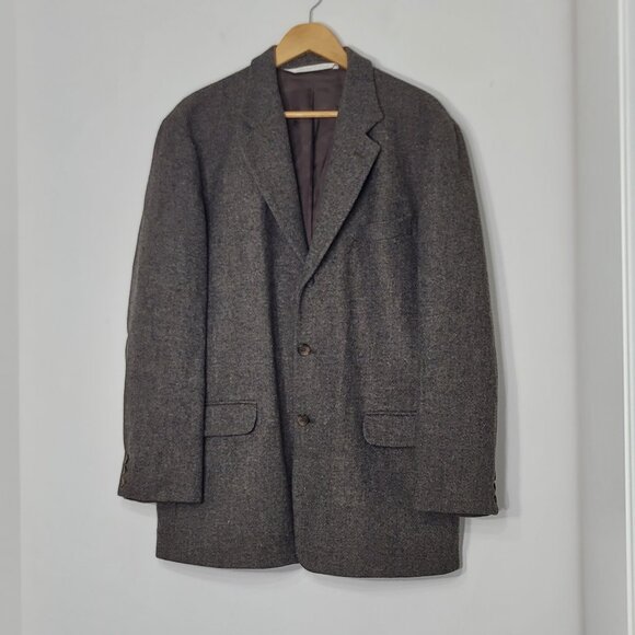 Perry Ellis Brown Grey Tweed 100% Wool Professor Business Casual Blazer Size 42 - Picture 1 of 14